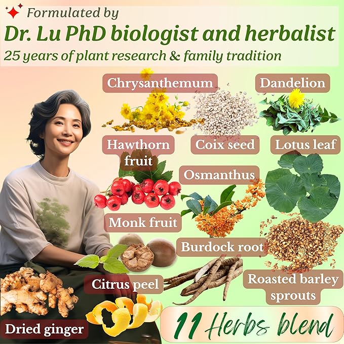 Dr. Lu’s Happy Slim Herbal Tea | 100% Natural Tea for Digestive Comfort &amp Body Balance | Gentle Colon Cleanse Tea for Daily Detox | 11 Herbs incl. Hawthorn Lotus Leaf Burdock Dandelion | Laxati