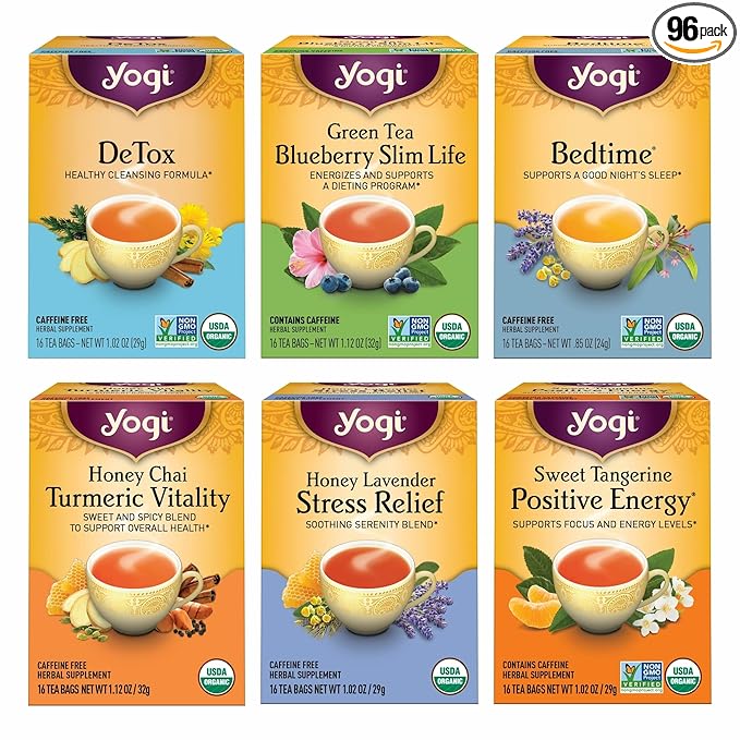 Yogi Tea Favorites Variety Pack - 16 Bags per Pack (6 Packs) - Organic Gift Box - Includes Sweet Tangerine Positive Energy Honey Lavender Stress Relief Bedtime &amp More