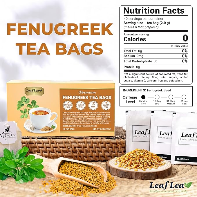 LeafLea 80 Premium Fenugreek Tea Bags Natural Fenugreek Seed for Toasty Flavor &amp Sweet Aroma Fenogreco Tea with Gentle Warmth Caffeine-Free Sugar-Free Vegan Individually Wrapped for Freshnes