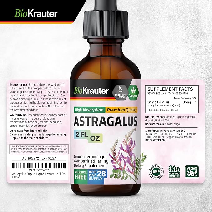 BIO KRAUTER® Astragalus for Immune Support - Vegan Astragalus Root Herbal Supplements 685 mg for Daily Wellness - Liquid Extract 2 Fl.Oz. 28 Days of Supply Alcohol &amp Sugar Free