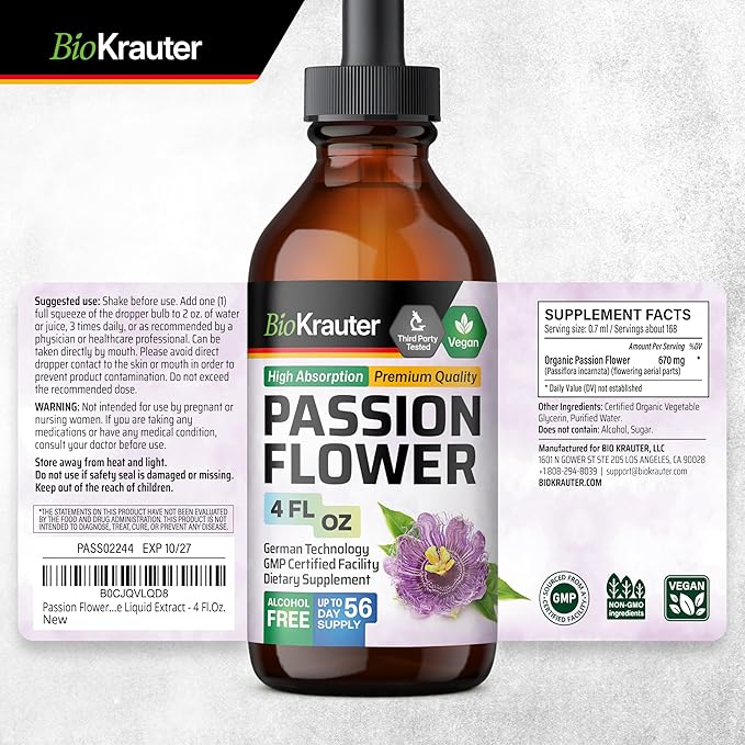 BIO KRAUTER® Passion Flower for Stress Relief - Calm &amp Mood Support - Pure Vegan Liquid Drops Passion Flower Extract 670 mg/Serving 4 Fl.Oz 56-Day Supply - Alcohol &amp Sugar Free - Natural Calm