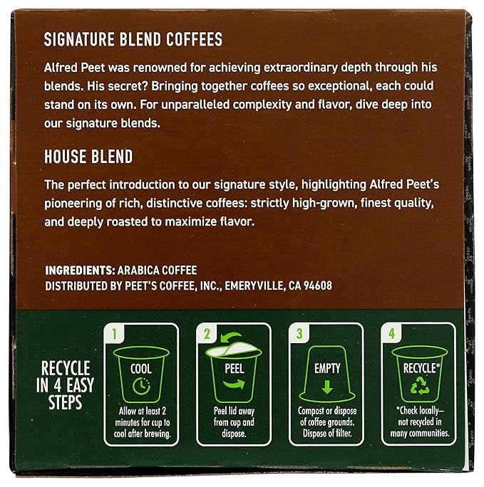 Peet's Coffee House K Cup Coffee Pods for Keurig Brewers Dark Roast 10 Pods 4.4 oz