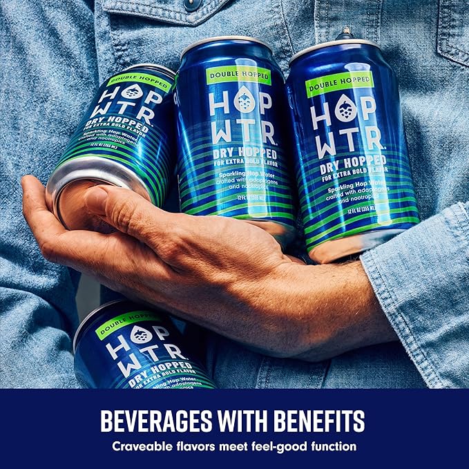 HOP WTR Double Hopped Sparkling Hop Water Zero Calories Non-Alcoholic with Adaptogens and Nootropics Sugar Free Gluten Free 12 oz Cans 12 Pack