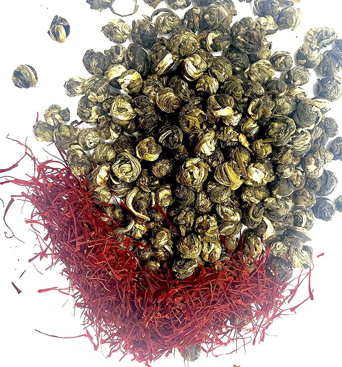 FIRE TEAS Imperial Jasmine Dragon Pearls Tea with Saffron - Rolled Green Tea Pearls Delicious Strong Aroma &amp Taste