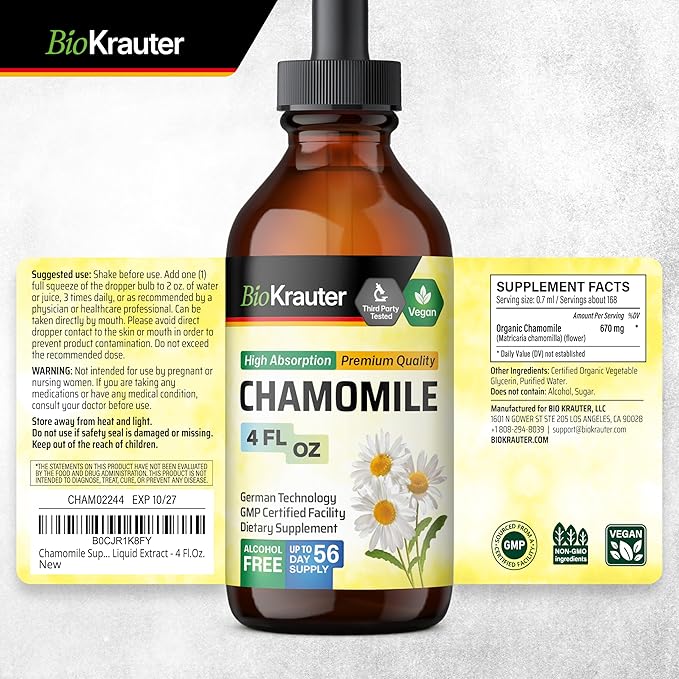 BIO KRAUTER® Chamomile Extract - Liquid Drops Pure Vegan Chamomile Supplement 670 mg per Serving 4 Fl.Oz 56-Day Supply - Used for Calm &amp Relax - Alcohol &amp Sugar Free - Natural Calm &amp Sleep