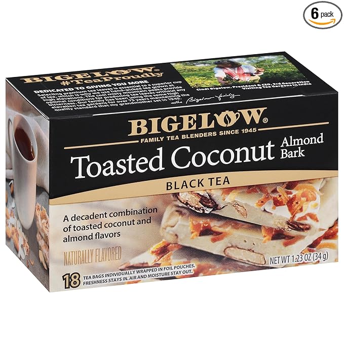 Bigelow Tea Toasted Coconut Almond Bark Black Tea Caffeinated Tea with Coconut and Almond 18 Count Box (Pack of 6) 108 Total Tea Bags