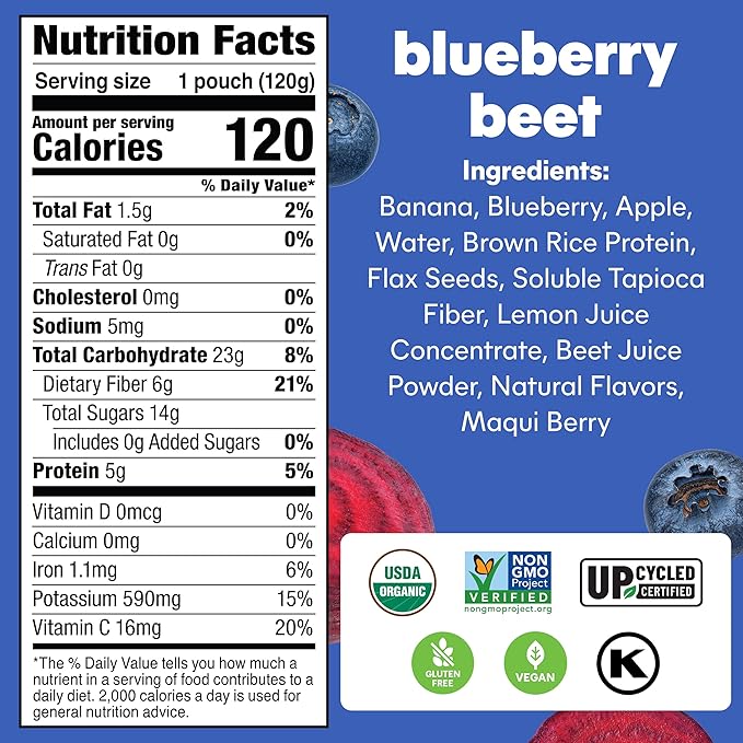 Noka Superfood Fruit Smoothie Pouches Blueberry Beet Healthy Snacks with Flax Seed Prebiotic Fiber and Plant Protein Vegan and Gluten Free Organic Fruit &amp Veggie Squeeze Pouch 4.22 oz 12 Co