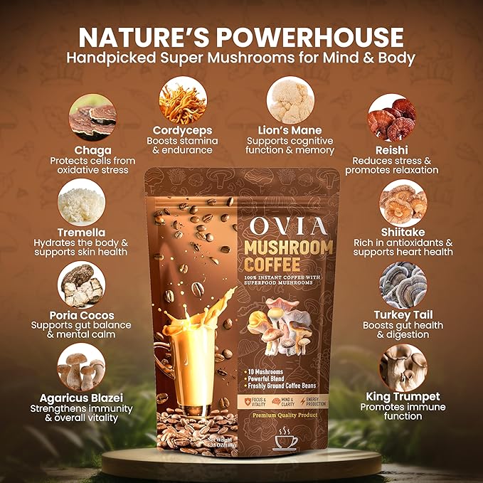 OVIA Natural 10 Mushroom Coffee with 3500mg for Weight Management Focus &amp Gut Health - Daily Dose Ten Mushroom Coffee for Clean Energy - Low Caffeine Adaptogenic Instant Coffee with Lion’s ManeC