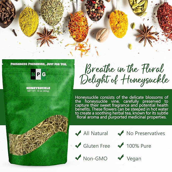 NPG Dried Honeysuckle Bulk 16 Oz Jin Yin Hua Natural Herbal Tea Sweet Floral Aroma Resealable Packaging Versatile for Relaxing Teas Traditional Dry Flower Tea