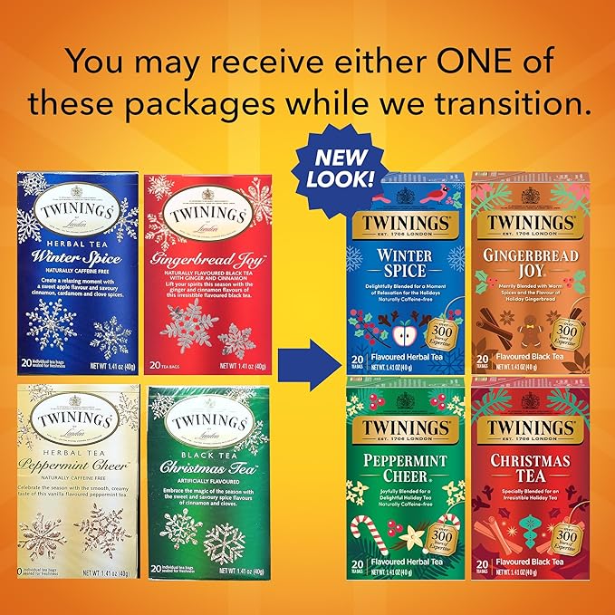 Twinings Holiday Variety Pack Tea Bags Christmas Tea Winter Spice Gingerbread Joy Peppermint Cheer 20 Count (Pack of 4) Enjoy Hot or Iced 80 Teabags