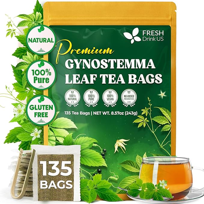 FreshDrinkUS Premium Gynostemma Tea Bags (Jiaogulan) | 135 Count | Naturally Smooth &amp Earthy Caffeine-Free Herbal Tea – Plant-Based Tea Bags for Daily Enjoyment. Caffeine Free Sugar Free. Vegan