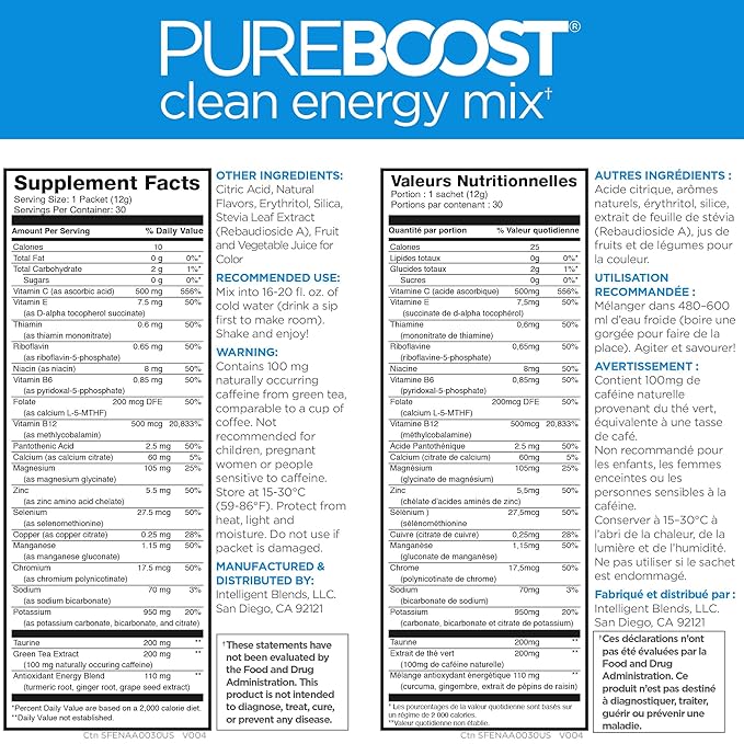 Pureboost Clean Energy Booster Refreshing Energy Drink Mix with B12 Vitamins Electrolytes Antioxidants Sugar-Free with No Sucralose (Combo Pack 30 Count)