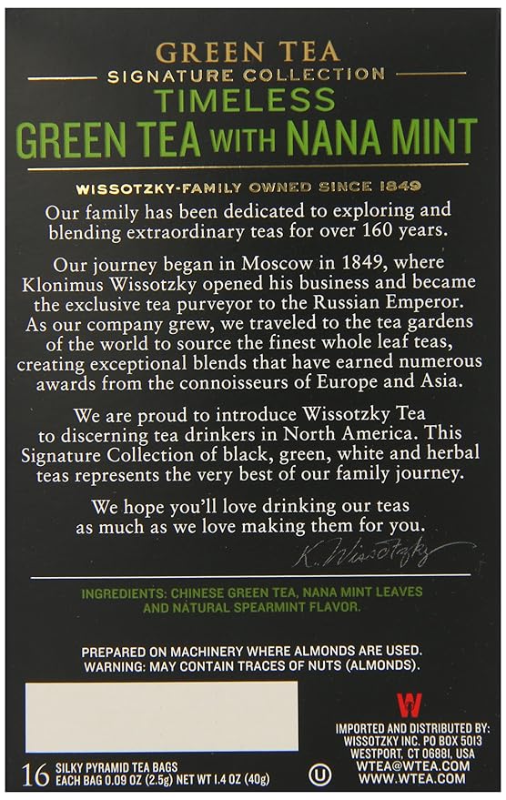 Wissotzky the Signature Collection Tea Timeless Green Tea with Nana Mint 16 Count (Pack of 6)