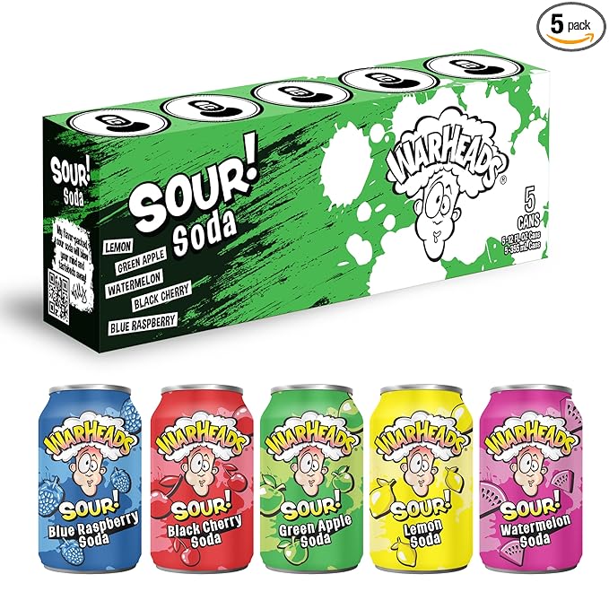 WARHEADS SODA - Sour Fruity Soda with Classic Warheads Flavors – Perfectly Balanced Sweet and Sour Soda - Warheads Candy Throwback Treat Soda Cocktail Mixer Pack of 5 12oz Cans (Sampler Pack)