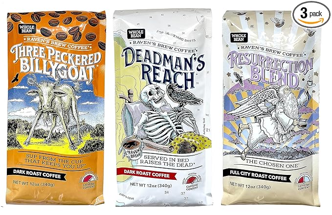 Raven's Brew Whole Bean Coffee Variety Pack - 3 Delicious Flavors - Three Peckered Billy Goat Deadman's Reach and Resurrection Blend - 12oz each