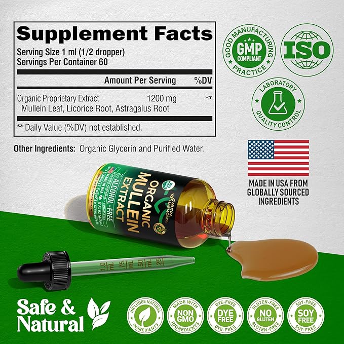 Mullein Drops for Lungs - USDA Organic Liquid - Mullein Leaf Extract Supplement - Made in USA - Lung &amp Bronchial Cleanse for Smokers - Respiratory Health Support - As Tincture Tea Pills - 2 fl o