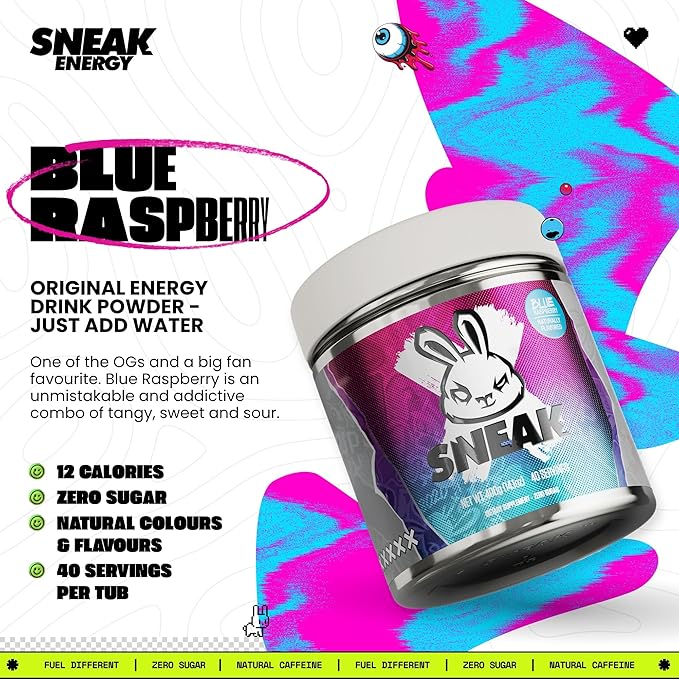 SNEAK Energy Drink Powder | Blue Raspberry | No Sugar. No Nasties. Just Natural Caffeine Focus-Boosting Nootropics | 40 Servings
