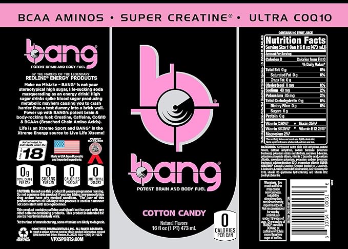 Bang Energy Cotton Candy Sugar-Free Energy Drink 16-Ounce | Pack of 12