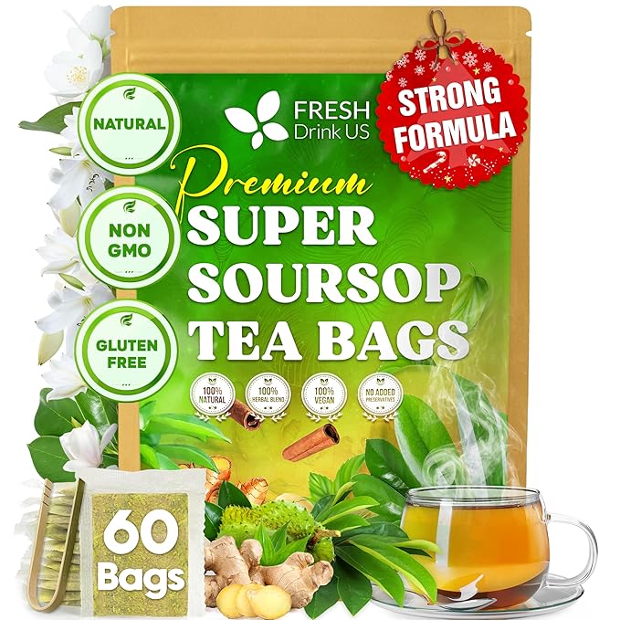 FreshDrinkUS Super Soursop Herbal Tea – 60 Tea Bags | Soursop Ginger Turmeric Lemongrass Cinnamon Black Pepper &amp Peppermint | Caffeine-Free Natural Flavor Plant-Based Blend | Sugar-Free