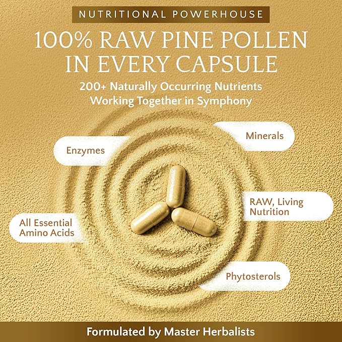Forest Manna RAW Pine Pollen Capsules – Adaptogenic Functional Nutrition – Single Origin Pine Pollen – Vegan Gluten-Free &amp Non-GMO – 120 Capsules