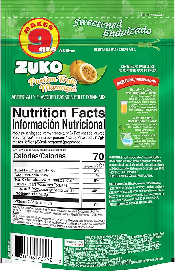 Zuko Passion Fruit Instant Powder Drink | Family Pack | No Sugar Needed | Vitamin C | 14.1 Ounce (Pack of 6)
