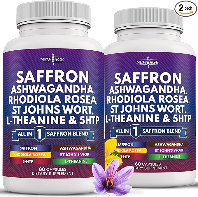 NEW AGE Saffron Supplements with Ashwagandha - Support with L-Theanine Ginkgo Biloba St. John's Wort Rhodiola Rosea &amp 5-HTP - Saffron 120 Count
