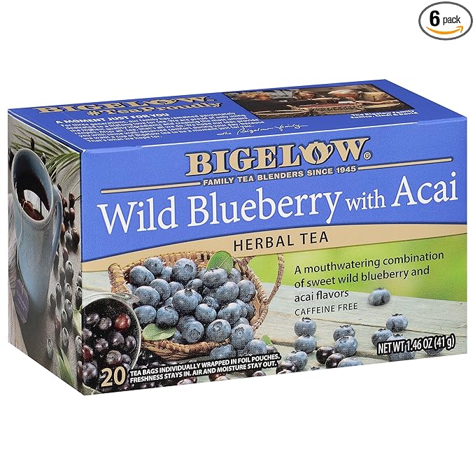 Bigelow Tea Wild Blueberry with Acai Herbal Tea Caffeinated Tea with Blueberry and Acai 20 Count Box (Pack of 6) 120 Total Tea Bags