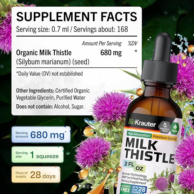 BIO KRAUTER® Milk Thistle Supplement - Liquid Pure Vegan Milk Thistle Extract 680 mg per Serving 2 Fl.Oz 28 Days of Supply - Liver Cleanse &amp Detox Сontains Silymarin - Alcohol &amp Sugar Free