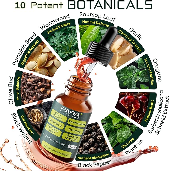 para Defense Digestive Cleanse &amp Detox | Wormwood Black Walnut Cleanse for Humans Drops Liquid Soursop Garlic Pumpkin Seed PAU D'Arco Oil of Oregano Turmeric Berberine Neem Extract Hull Bark Tinct