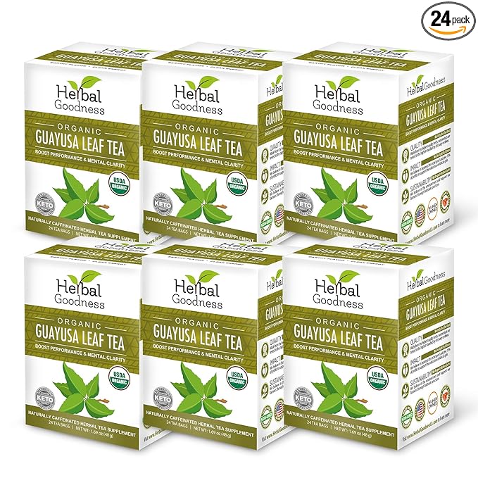Guayusa Leaf Tea - Mental Clarity Organic Natural Caffeine Drink Energy Supplement Coffee Alternative Oxidative Stress - 6/24 Tea Bags - Herbal Goodness (6 Boxes)