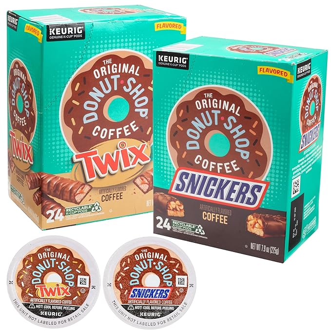 SCS Direct The Original Donut Shop Snickers and Twixx Favored K-Cup Variety Value Pack - 48 Cups Total (24 each) - Light Roast Compatible with all Kcup Keurig Single Serve Brewers