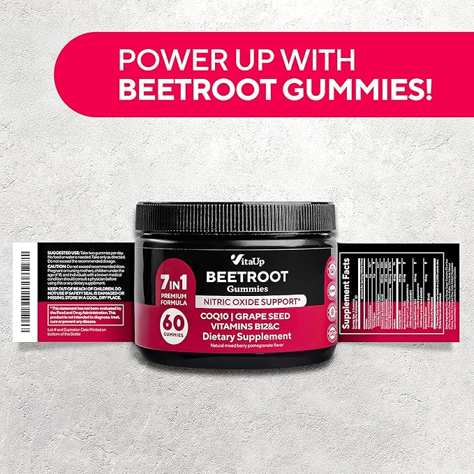Beet Root Gummies – Beetroot Supplement with CoQ10 Grape Seed Vitamin C B12 &amp B3 – Nitric Oxide Gummies for Circulation Support – Beet Supplement for Energy &amp Immune Support – 60 Beets Chew