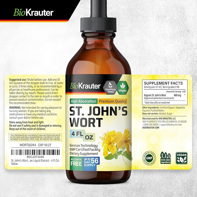BIO KRAUTER® St Johns Wort for Calm &amp Mood Support - Vegan St. John's Wort for Relaxation &amp Emotional Wellness Support - Calm Drops 4 Fl.Oz. 56-Day Supply Alcohol &amp Sugar Free Herbal Sup