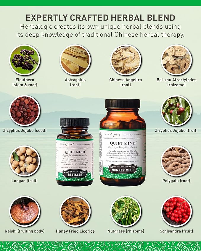 Herbalogic - Quiet Mind Herb Capsules - Non-Sedating Promotes a Feeling of Zen-Like Calm - Eases Worry - Based on The Traditional Chinese Formula GUI Pi Tang - 90 Cap Count