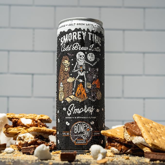 Bones Coffee Company S'morey Time Latte S'mores Flavored Coffee Medium Roast Ready To Drink Iced Coffee in Can 11 Fl Oz Can (12 Pack)