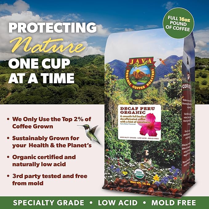 Low Acid Organic Coffee – Whole Bean Mold-Free &amp Stomach Friendly by Java Planet Peruvian Single Origin Decaf Coffee Medium Dark Roast Water Process Smooth Full Flavored 1LB Bag
