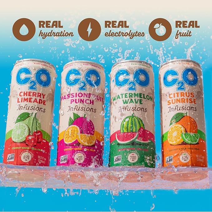 C2O - Coconut Water Infusions - Watermelon Wave (12 Pack) - 700mg of Electrolytes - Made with Fresh Coconut Water + Real Fruit Juice - Plant Based Natural Hydration Non GMO - 12 Slim Cans 10.5 fl oz