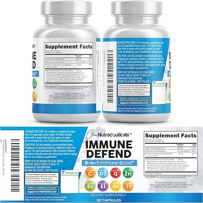Clean Nutraceuticals Immune Defense Support Supplement 8 in 1 with Zinc 50mg Quercetin VIT C 1000mg Vitamin D3 5000 IU Elderberry Ginger - Immunity System Booster for Adults Vegan - 60 Count