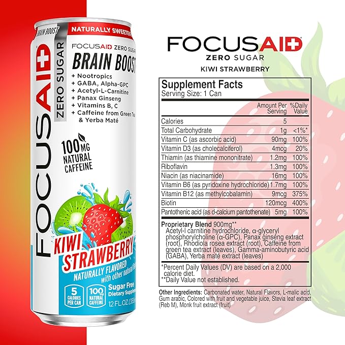FOCUSAID ZERO SUGAR Nootropics Blend Alpha-GPC GABA 100mg Natural Caffeine from Green Tea Yerba Mate Vitamin B-Complex Keto-Friendly No Artificial Sweeteners 12 Fl Oz (Pack of 24)