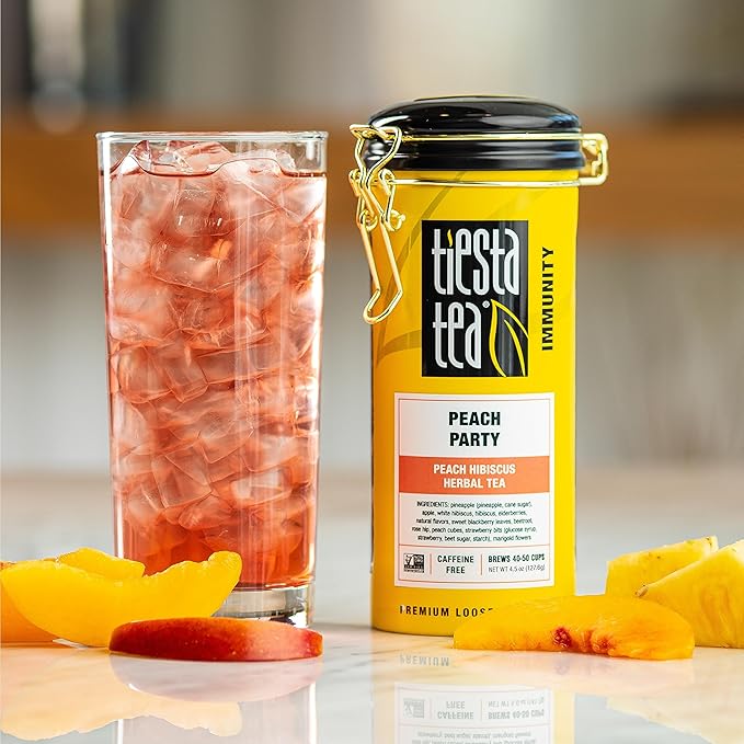 Tiesta Tea - Peach Party Herbal Tea and Brewbasket Infuser Bundle Loose Leaf Peach Hibiscus Tea Non-Caffeinated 4.5oz Refillable Tin with 5oz Reusable Stainless Steel Strainer
