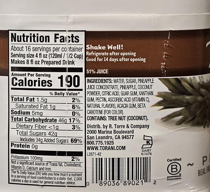Torani Real Fruit Smoothie Mix Pina Colada 64 Ounce