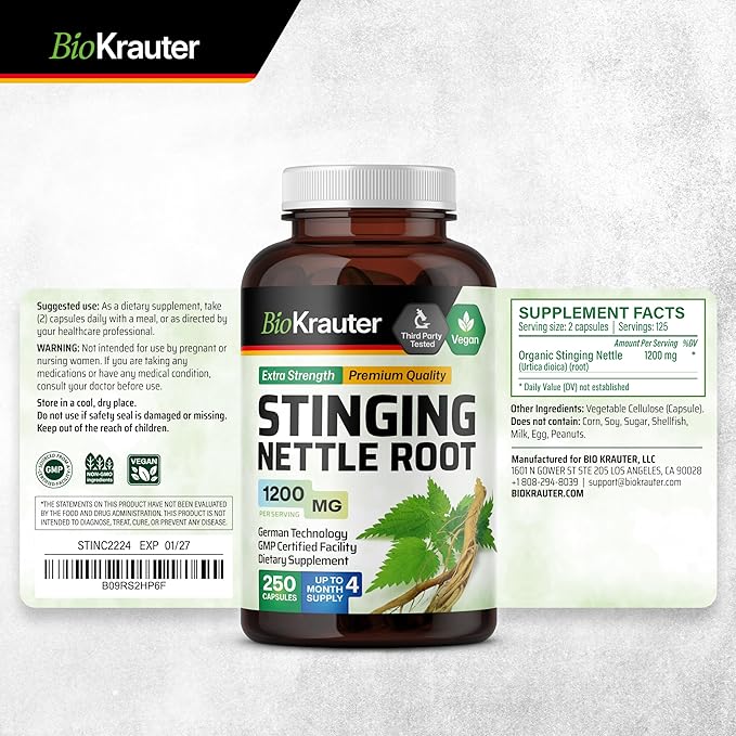 BIO KRAUTER® Stinging Nettle for Seasonal Support - Stinging Nettle Root Supplement (Urtica Dioica) 1200 mg for Urinary Tract Support &amp Daily Wellness - 250 Capsules 125 Days of Supply Non-GMO
