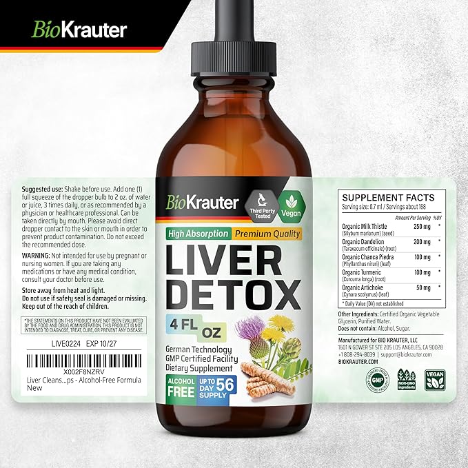 BIO KRAUTER® Liver Cleanse Detox &amp Repair* - Vegan Liquid Liver Support with Milk Thistle Chanca Piedra Turmeric Dandelion Root &amp Artichoke 700 mg - 4 Fl.Oz 56-Day of Supply - Alcohol &amp