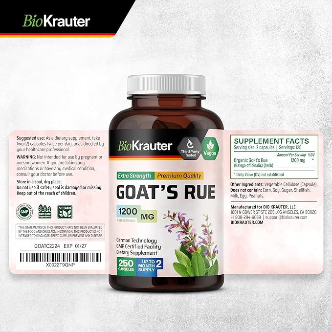 BIO KRAUTER® Goats Rue for Breastfeeding - Pure Vegan Lactation Supplement - Goat’s Rue 250 Capsules 1200 mg per Serving - Natural Supplements for Women - No Fillers Non-GMO 62-Day Supply