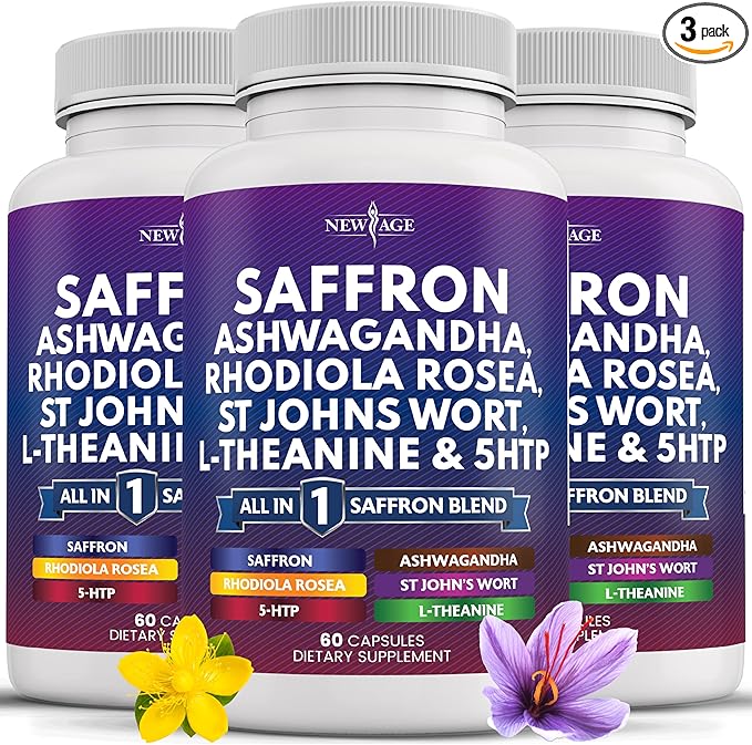 NEW AGE Saffron Supplements with Ashwagandha - Support with L-Theanine Ginkgo Biloba St. John's Wort Rhodiola Rosea &amp 5-HTP - Saffron 180 Count