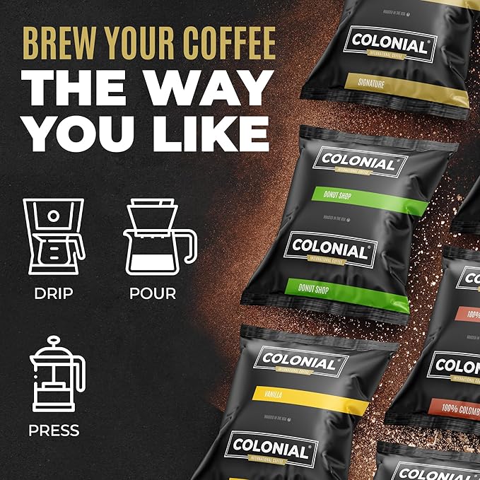 Colonial Coffee 100 Count Single Pot Coffee Packets – 100% Arabica Hazelnut Flavored Medium Roast | Pre-Measured Frac Packs for 12 Cup Maker | Bulk Ground Gourmet Coffee for Home &amp Office