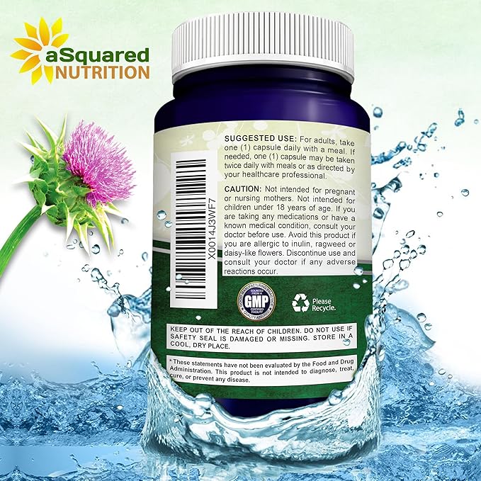aSquared Nutrition Milk Thistle Supplement 1000mg-200 CapsulesMax Strength 4X Concentrated Extract 4:1 Milk Thistle Seed Powder Herb Pills 1000 mg Silymarin Extract for Liver Support Cleanse Detox