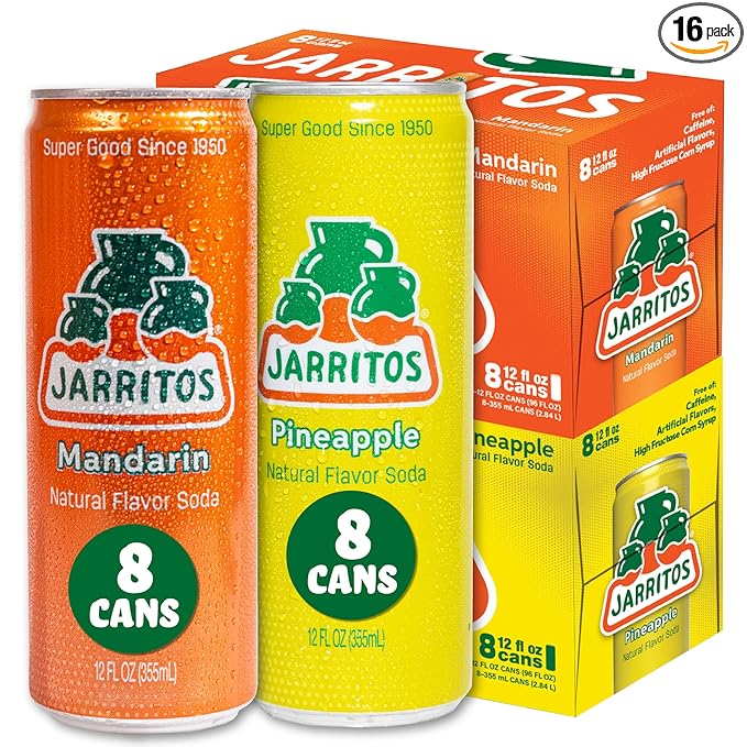 Jarritos Variety Pack of 16-12 oz Cans Authentic Mexican Soft Drink 8 Cans of Refreshing Mandarin Flavor and 8 Cans of Refreshing Pineapple Flavor