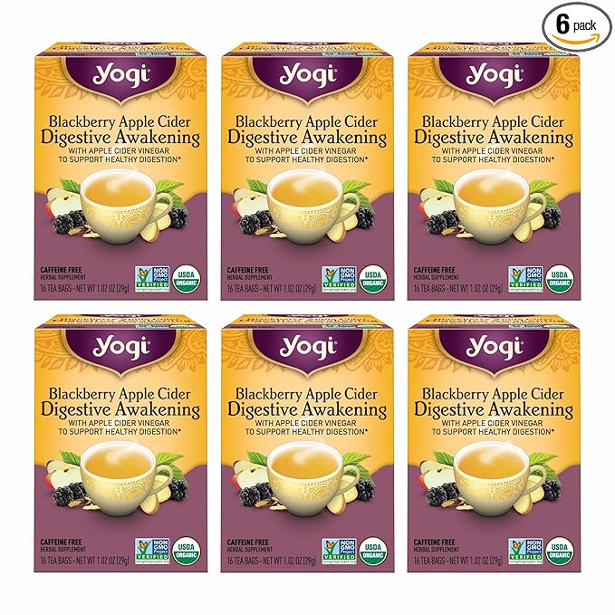Yogi Tea Blackberry Apple Cider Digestive Awakening Tea - 16 Tea Bags per Pack (6 Packs) - Organic Tea to Support Digestive Health - Includes Ginger Root Licorice Root &amp Raspberry Leaf