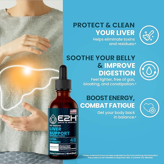 E2H Liver Support Supplement with Milk Thistle - Liver Health Formula - Artichoke Extract Dandelion Root Chanca Piedra and More - Absorbent Liquid Formula (2 Bottles)